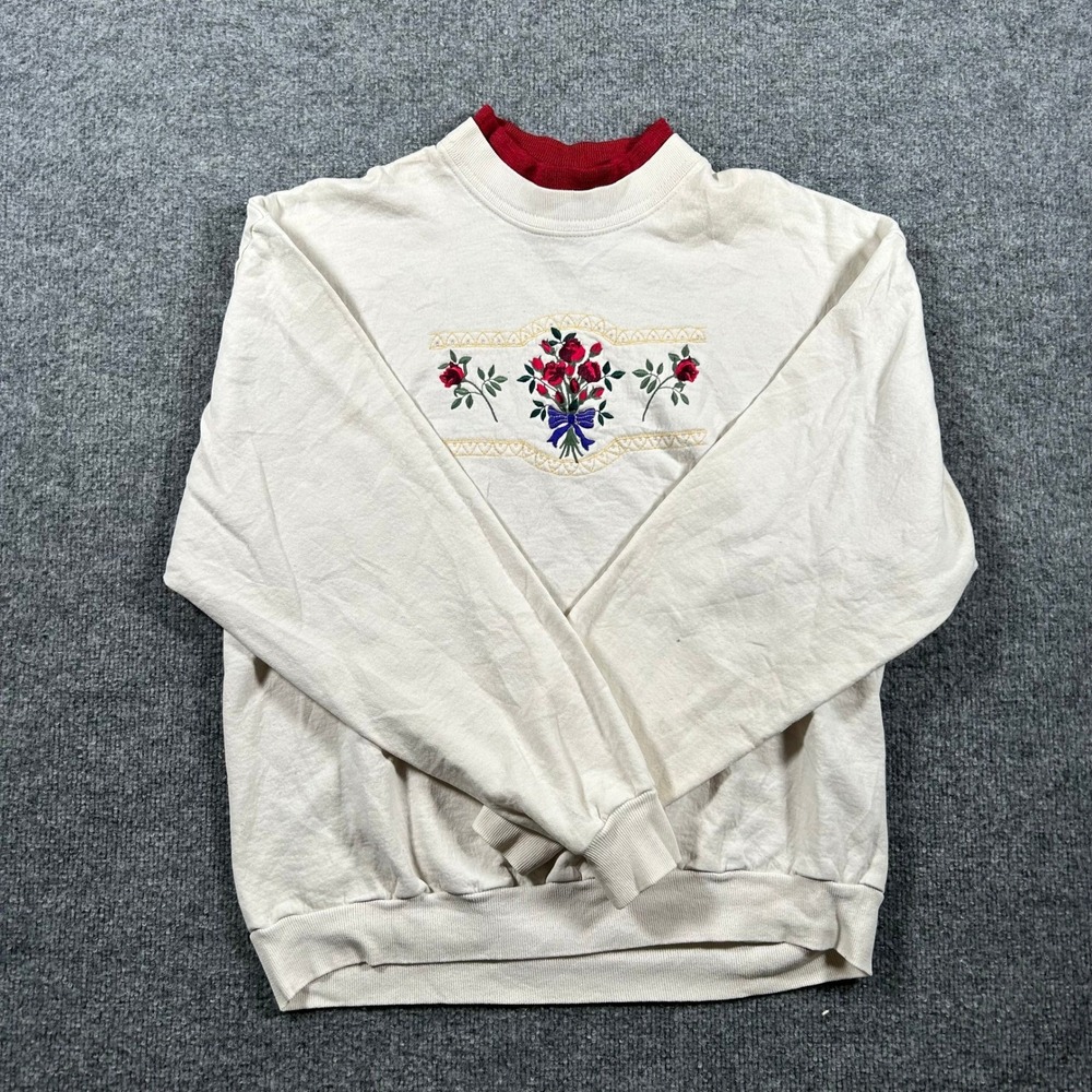 Top Notch Sweatshirt Womens L Cream Floral Rose Embroidered Mock Neck Flawed